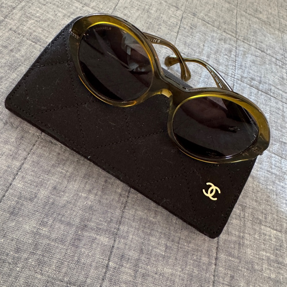 Chanel Olive Green Sunglasses with Polarized Lenses, chain detail and case.